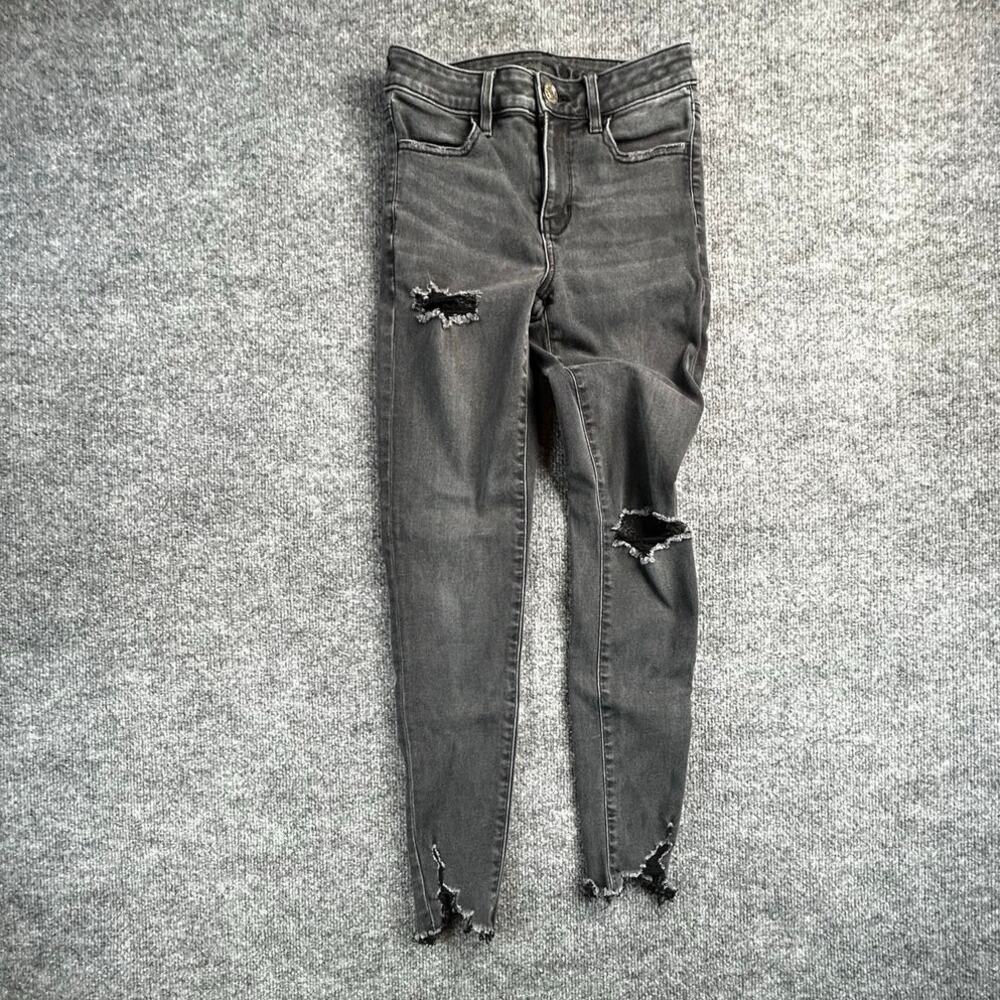 American Eagle Next Level High Rise Jegging Women’s 4 Gray Distressed Jeans